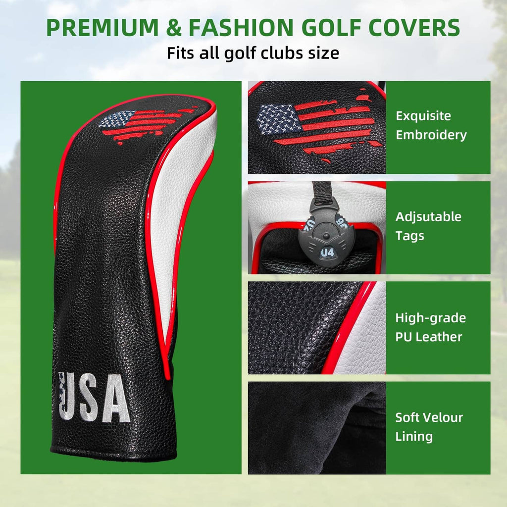 Black golf hybrid headcover with white side panel and red embroidered stripes