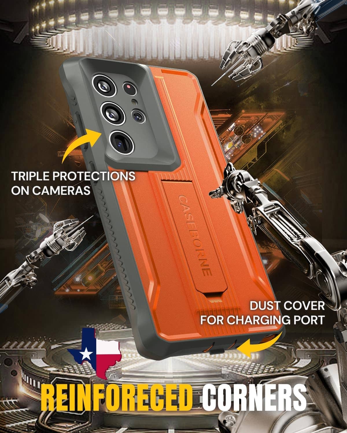 Orange and gray phone case with reinforced corners and camera protection