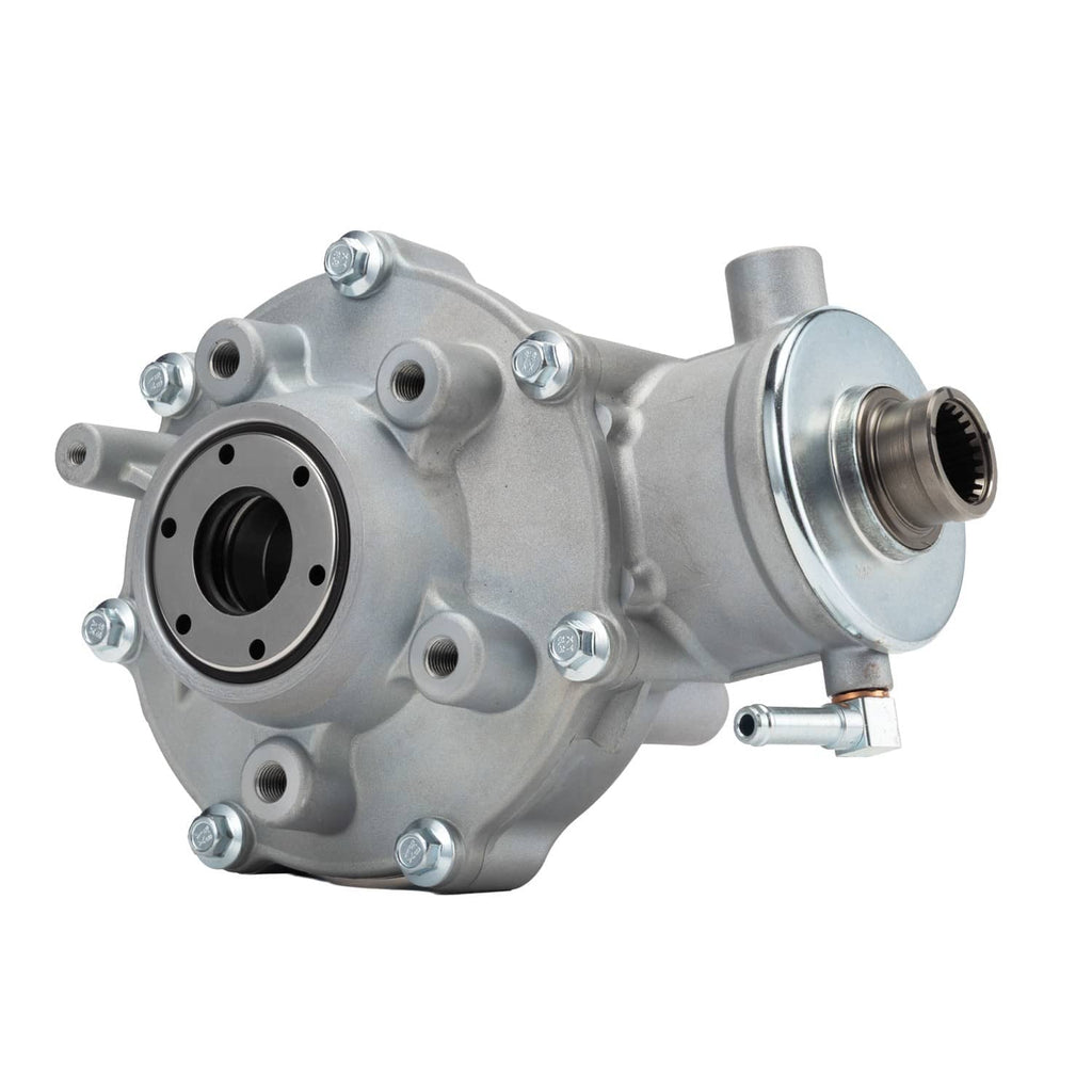 Silver rear differential assembly angled view with axle housing and flange bolts
