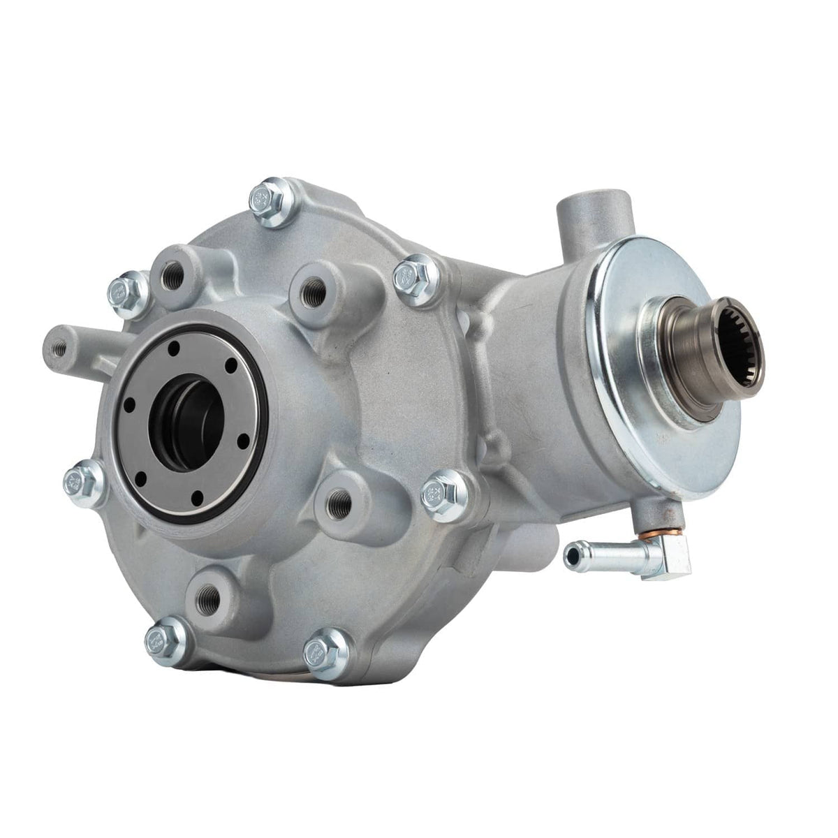 Silver rear differential assembly angled view with axle housing and flange bolts