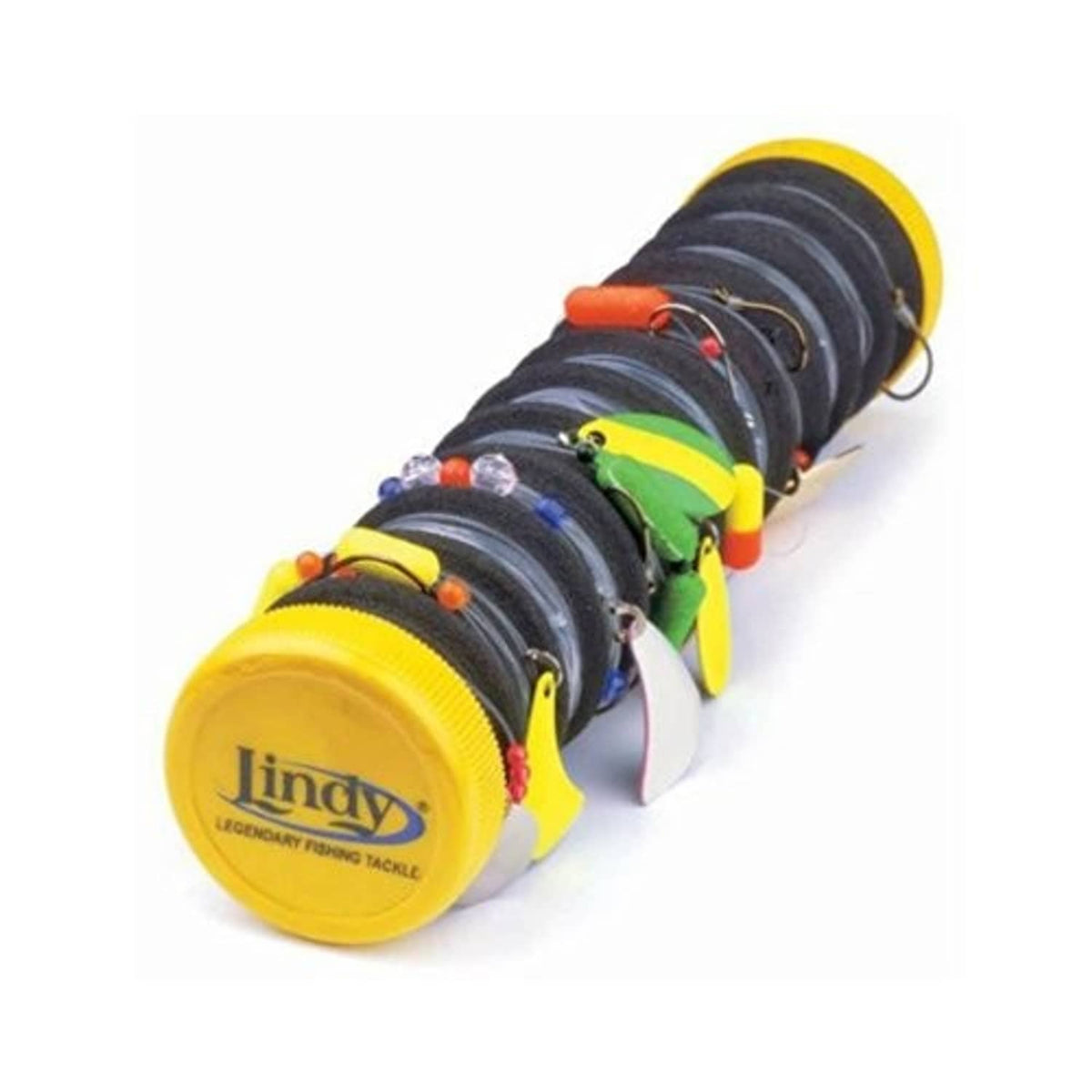 Lindy rigger snells with stacked black line and colorful bait clips on yellow bases
