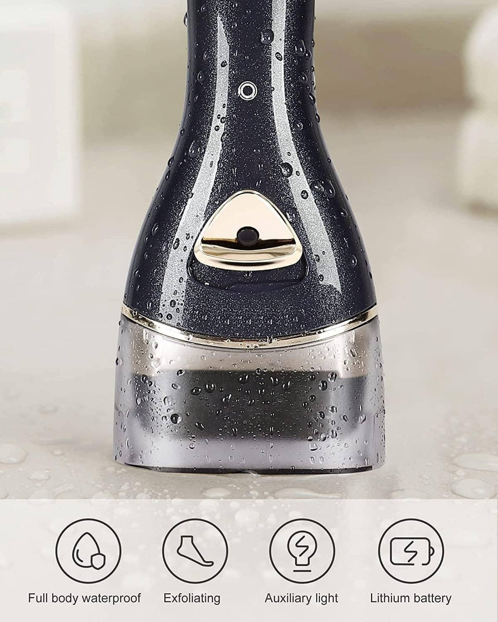 Dark callus remover base with silver roller and water droplets