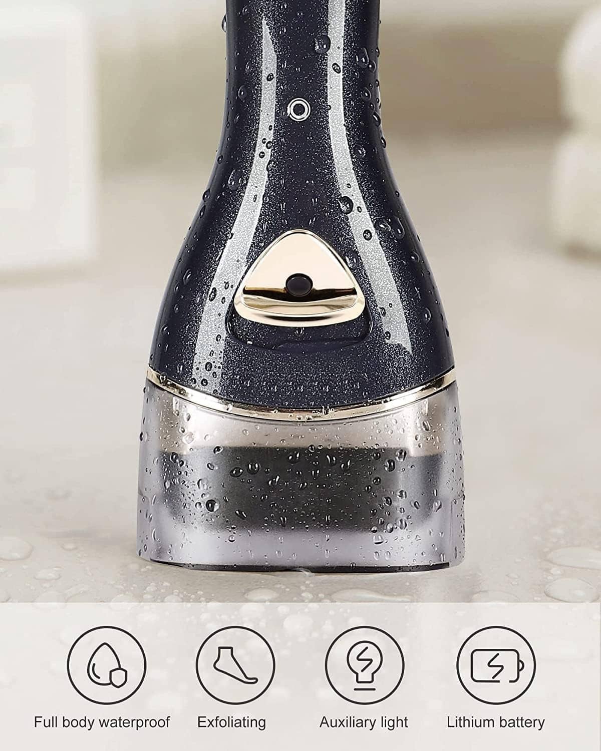 Dark callus remover base with silver roller and water droplets