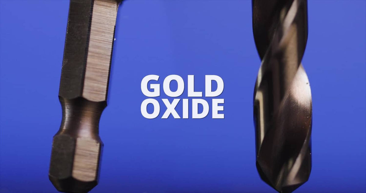 Gold oxide coated cobalt drill bit with hex shank, close-up view