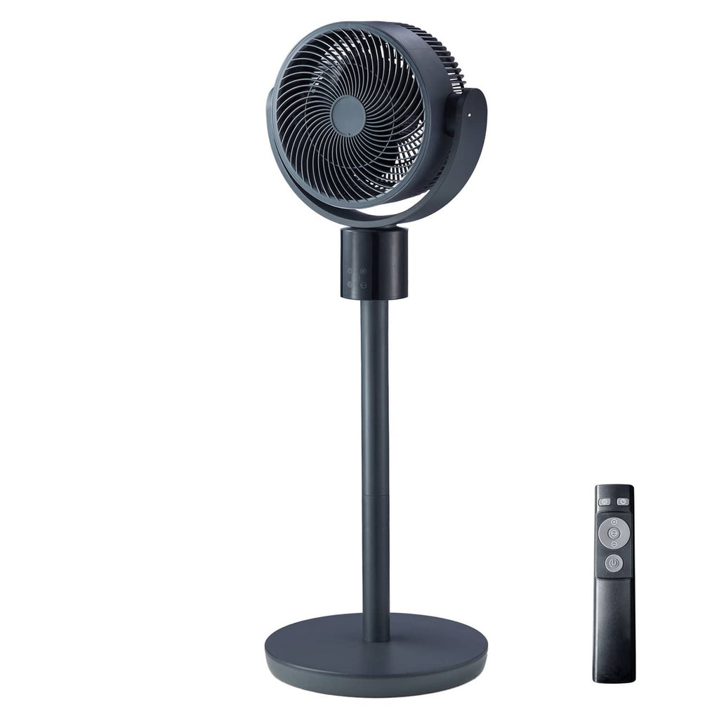 Dark blue-gray pedestal fan with circular grille, stand base, and handheld remote control