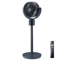Dark blue-gray pedestal fan with circular grille, stand base, and handheld remote control