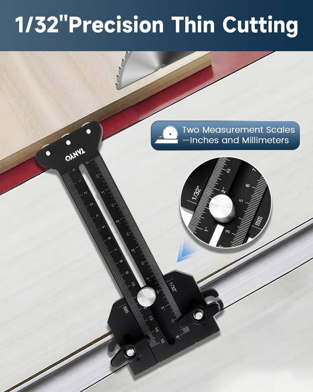 Black metal table saw thin cutting jig guide with two parallel rulers and knobs