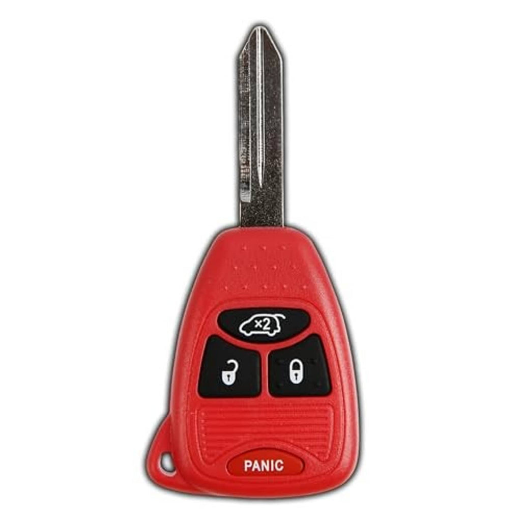 Red remote key fob with metal key blade and four-button control panel, panic