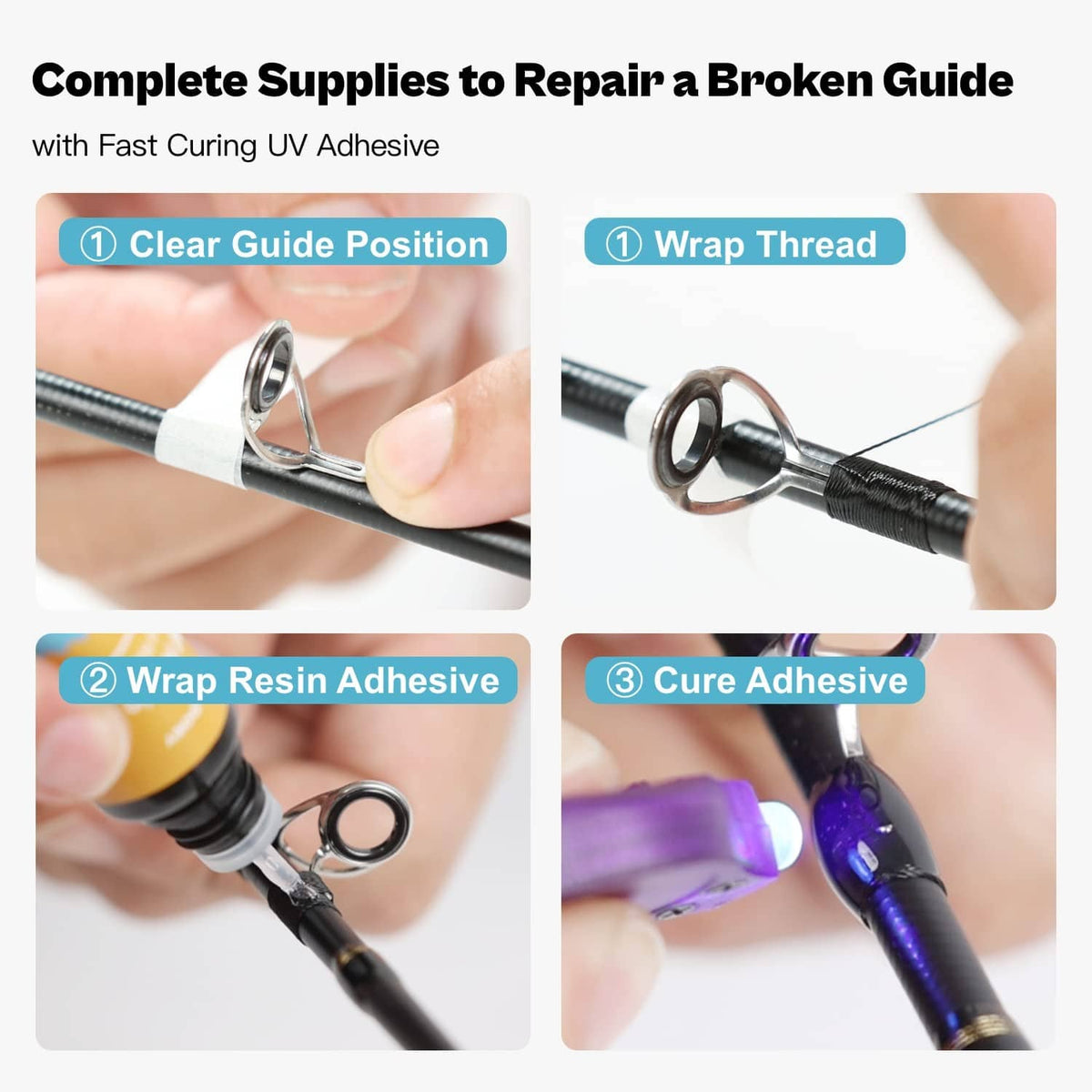 Fishing rod eyelet repair kit showing UV adhesive application, resin wrap, and curing