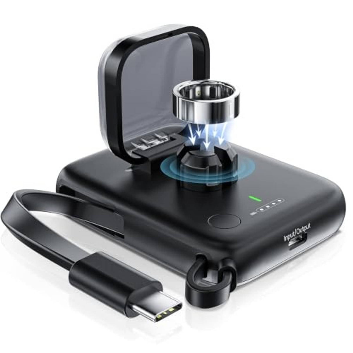 Black power bank charging dock with ring holder and visible USB-C charging port