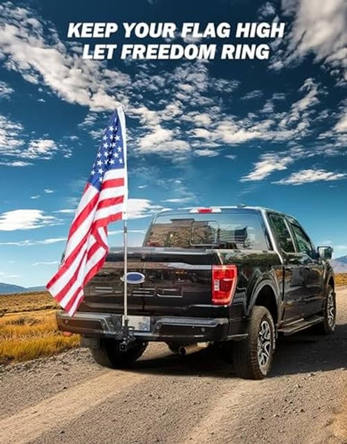 Hitch-mounted flag pole holder with upright flag pole on a pickup