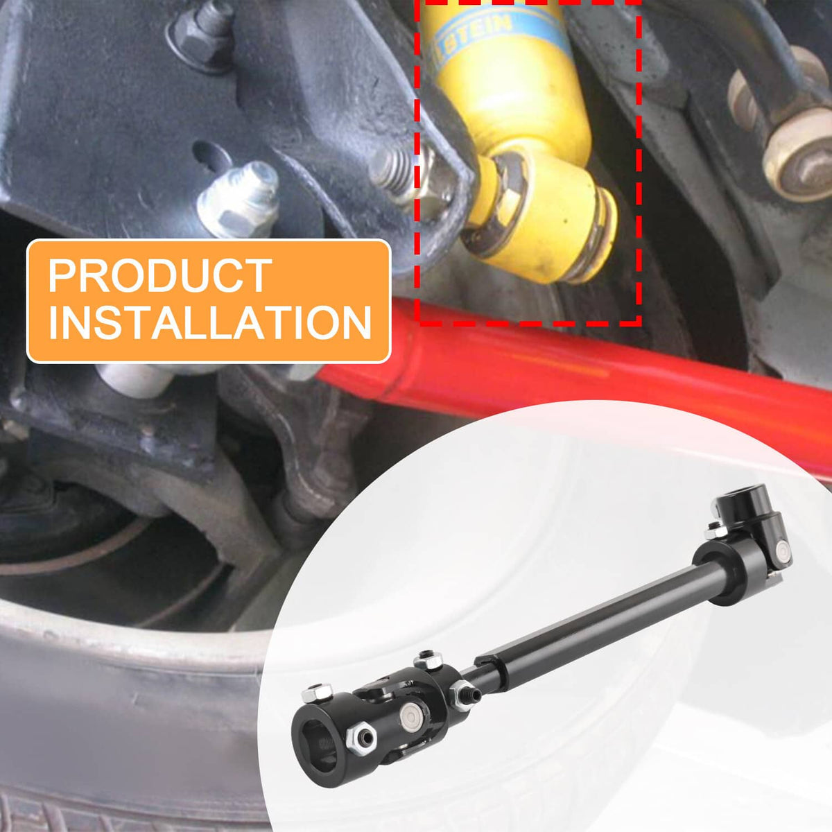 Steering shaft installed on vehicle steering assembly with front joint close-up