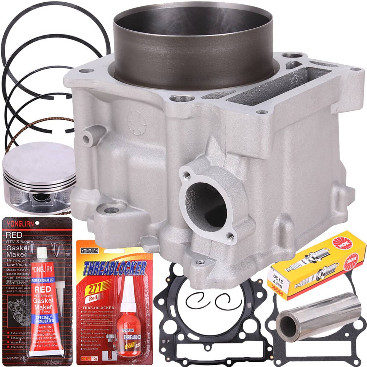 Engine cylinder block with piston, rings, and gasket kit components
