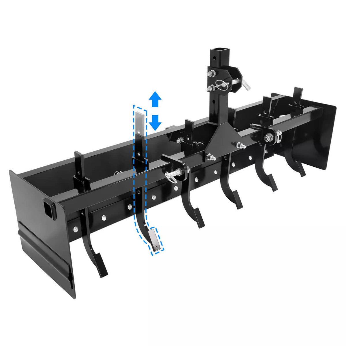 Tow-behind box scraper blade with three-point mount and adjustable cutting height