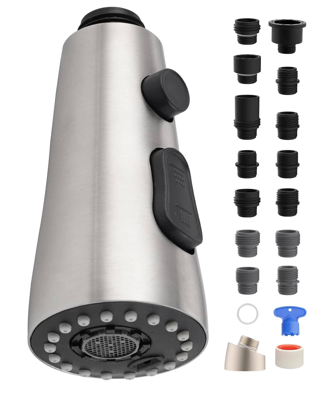 Brushed nickel stainless faucet head with two spray buttons and multi-hole diffuser