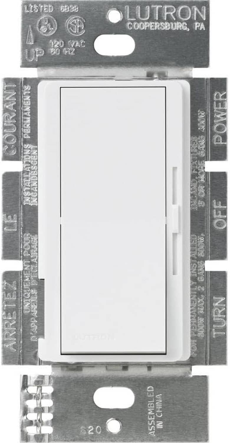 White fan speed control wall switch with front face and exposed internal wiring terminals