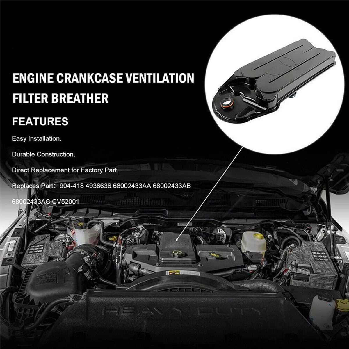 Engine crankcase ventilation filter breather element shown on black engine bay cover