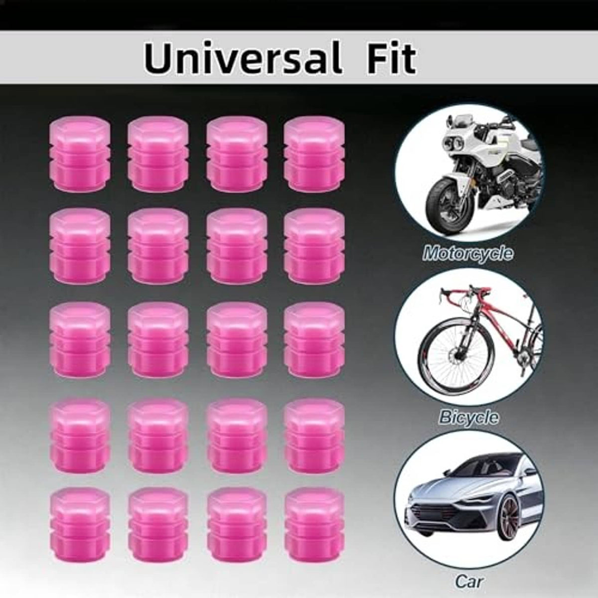 Multiple pink glow-in-the-dark tire valve caps in rows for universal fit