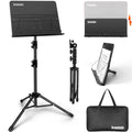 Black folding music stand with angled sheet holder, tripod legs, and carry bag