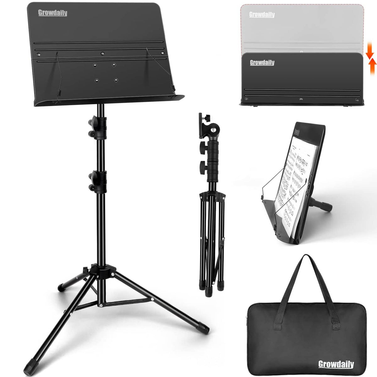 Black folding music stand with angled sheet holder, tripod legs, and carry bag