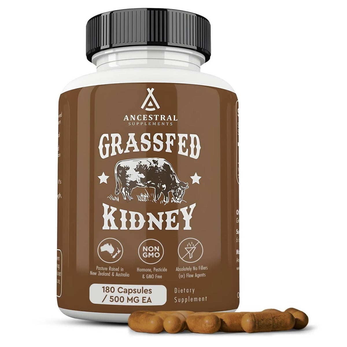 Grass-fed kidney supplement bottle with black cap and brown label, plus capsules