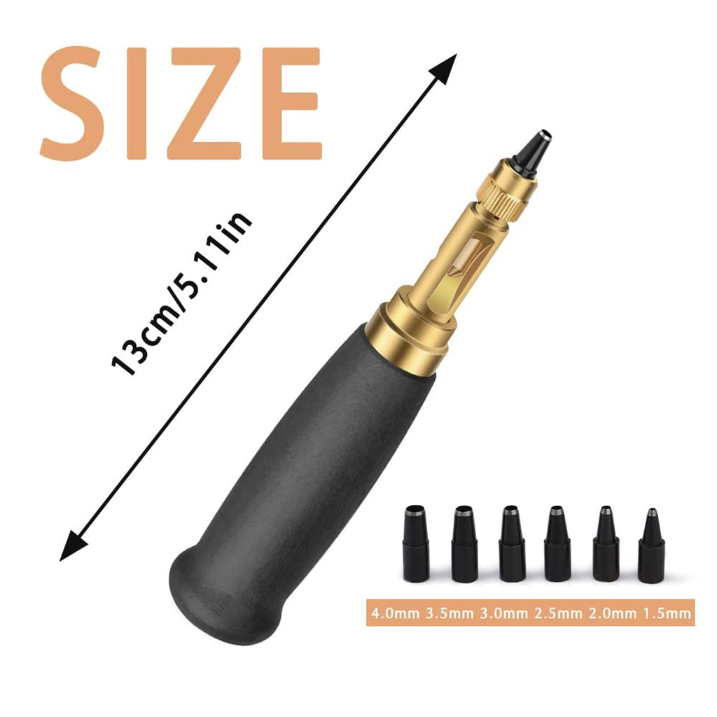 Automatic hole punch tool with dark wooden handle, brass adjustment collar, black punch tips