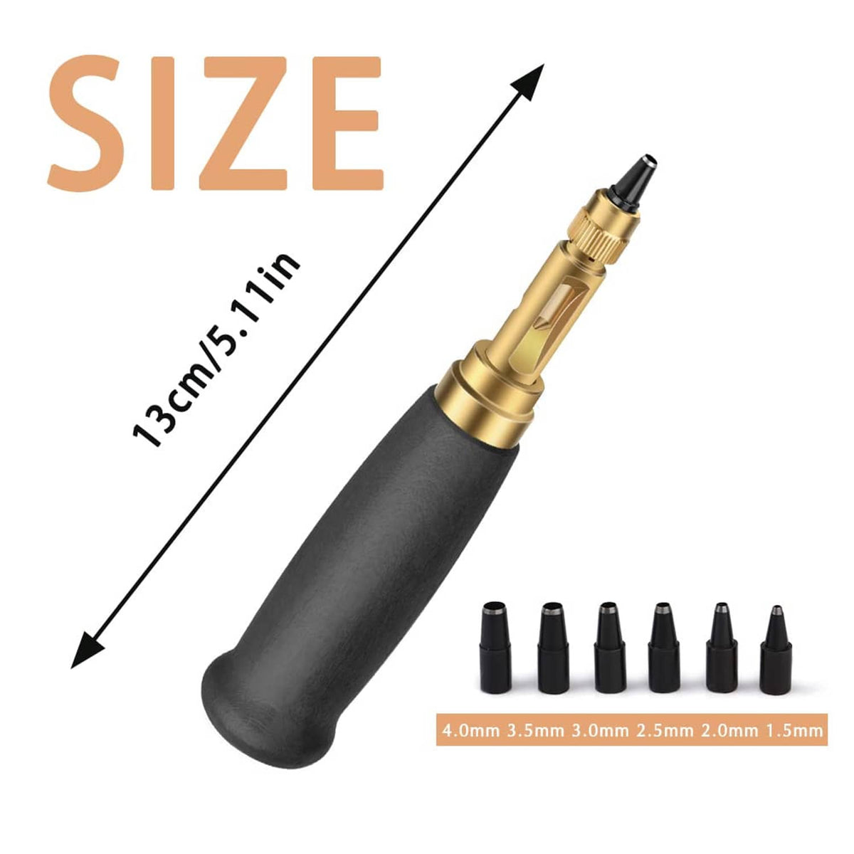 Automatic hole punch tool with dark wooden handle, brass adjustment collar, black punch tips