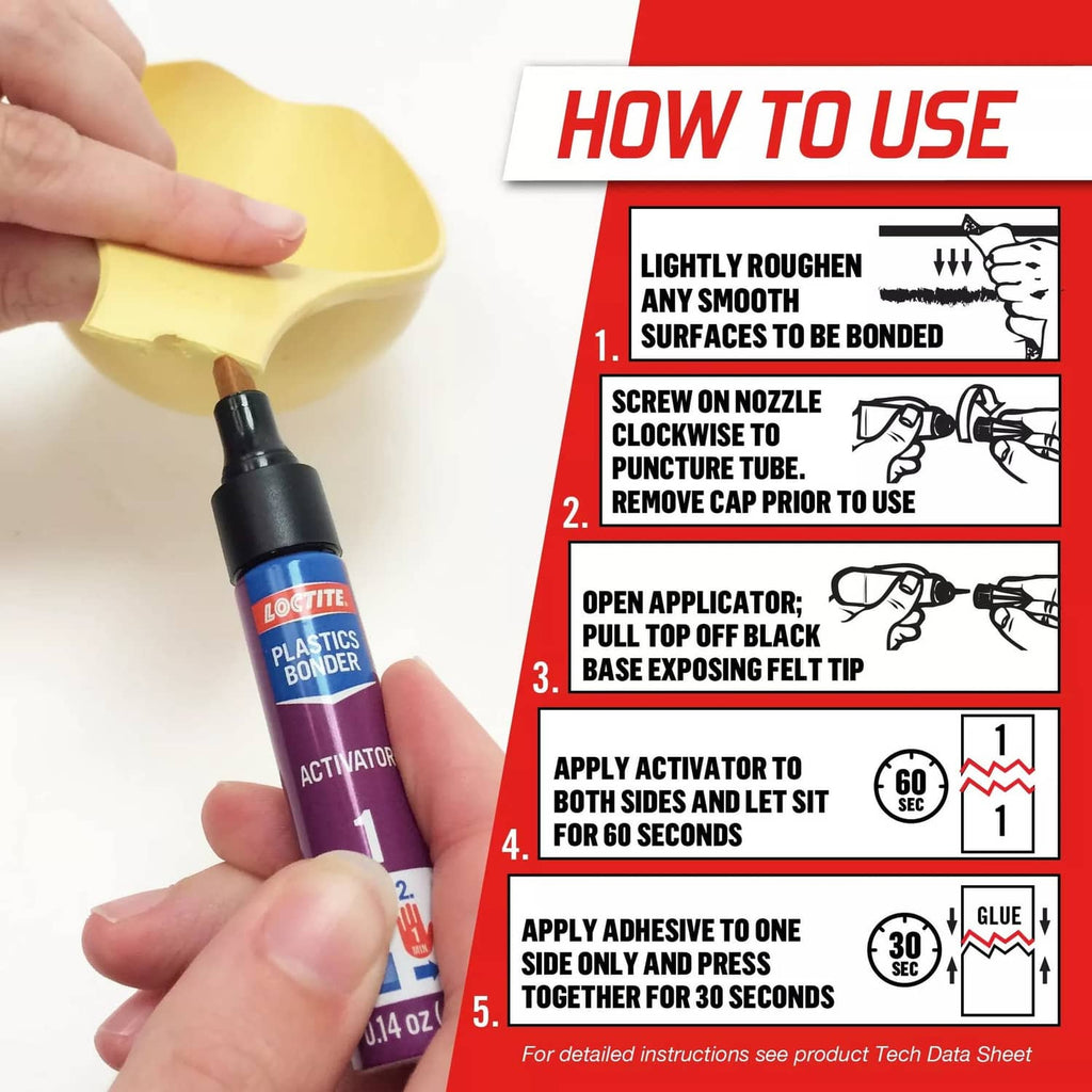 Loctite Plastics activator and glue applicator with instruction steps