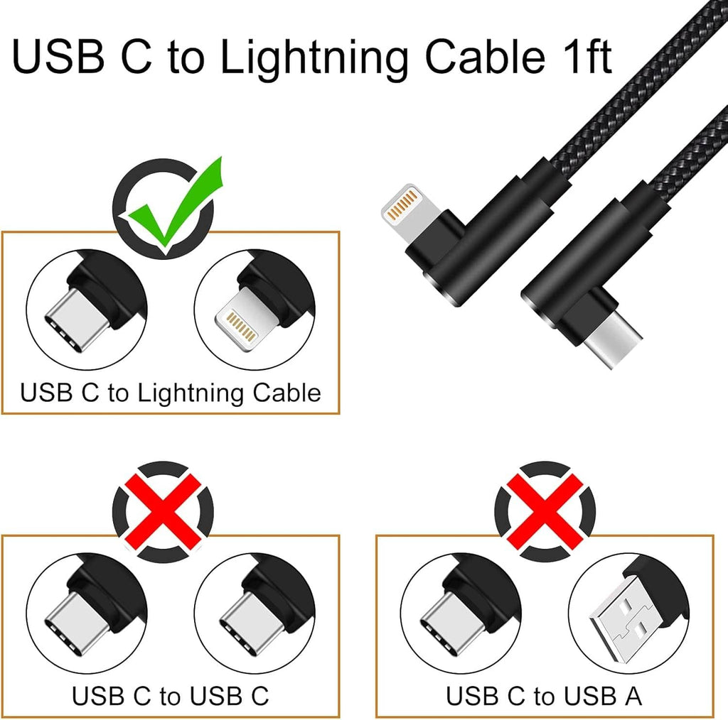 USB-C to Lightning cable with black braided cord and right-angle USB-C plug