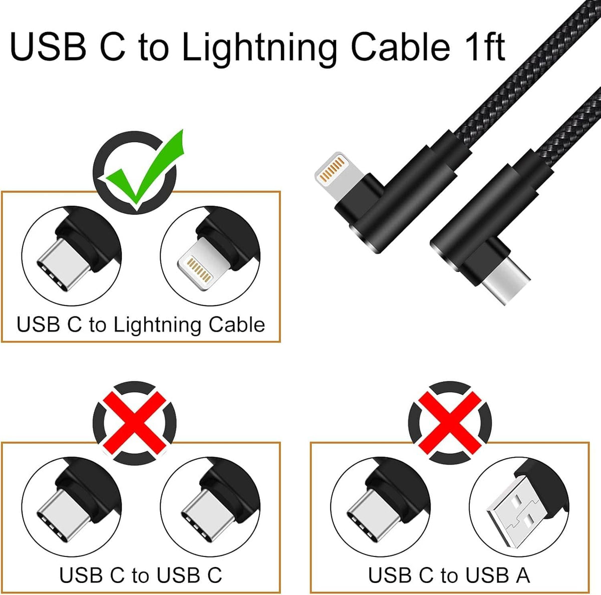 USB-C to Lightning cable with black braided cord and right-angle USB-C plug