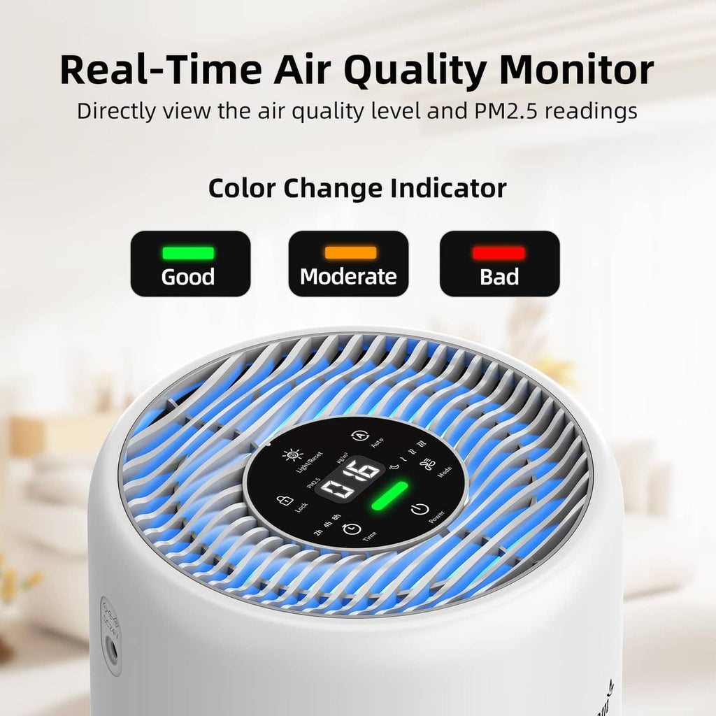 Grey and white cylindrical air purifier with top control panel and fan grille