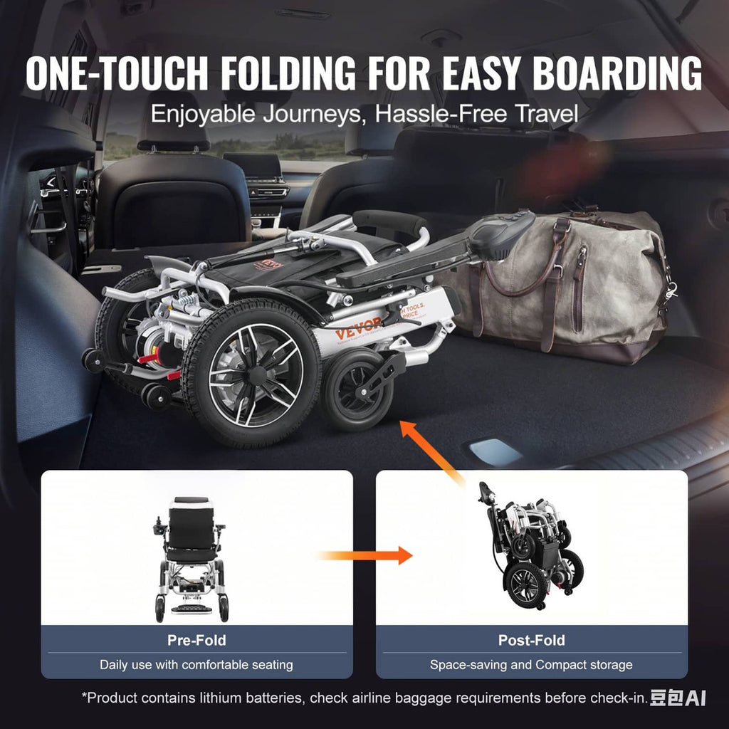 Foldable electric wheelchair with one-touch fold for travel and an included storage bag.