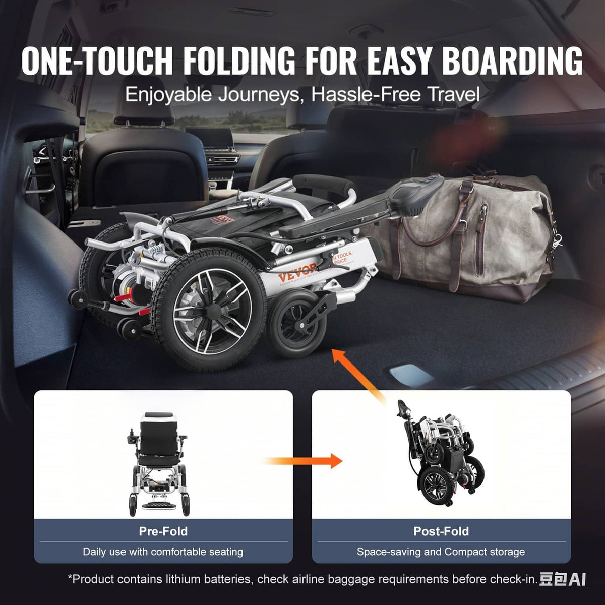 Foldable electric wheelchair with one-touch fold for travel and an included storage bag.