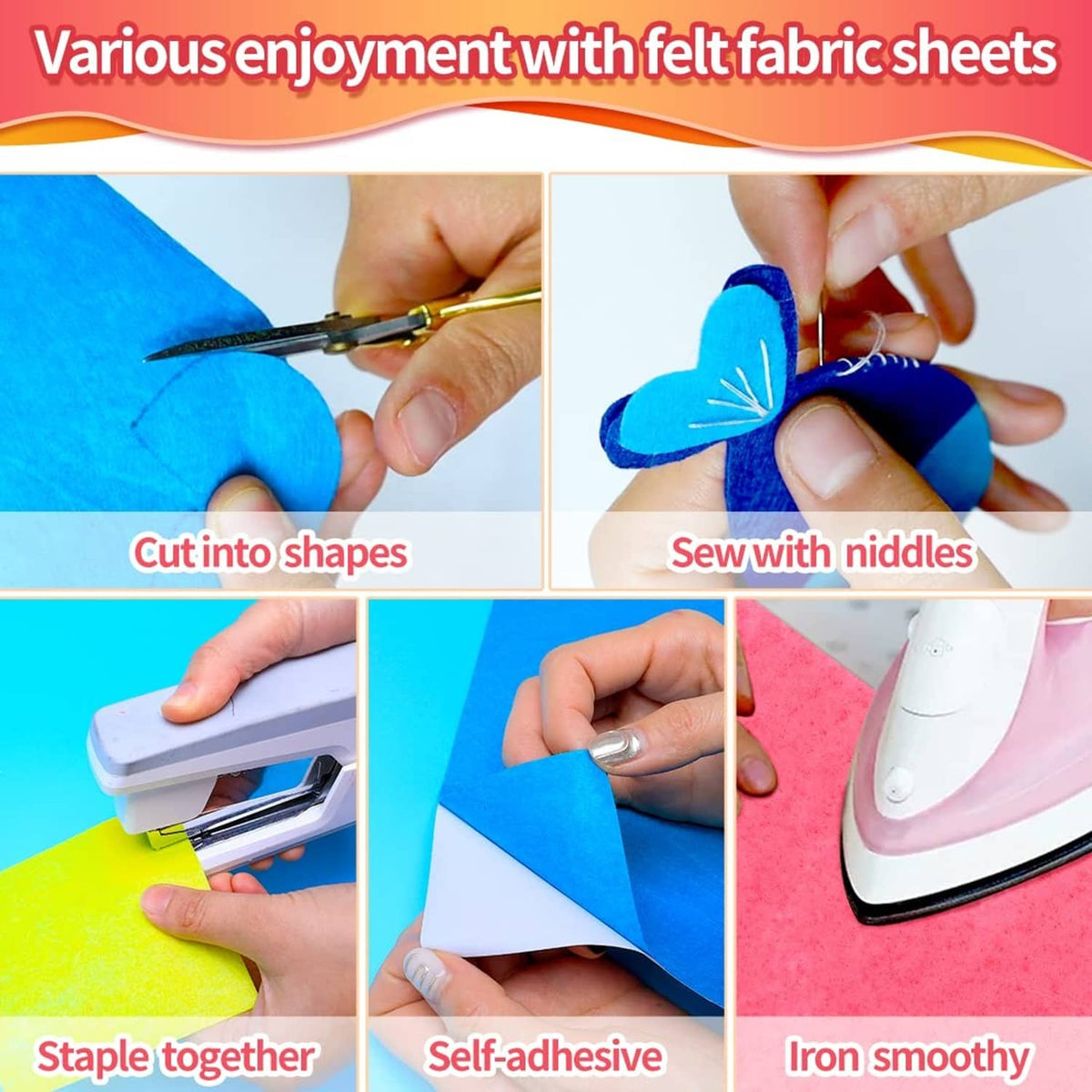 Self-adhesive felt sheets in assorted colors, shown being cut, sewn, and ironed