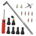 Tire valve stem tool kit with red handle puller, metal installer, and multiple valve cores
