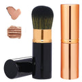 Retractable blusher brush with cover, black handle and champagne-gold ferrule, soft bristles