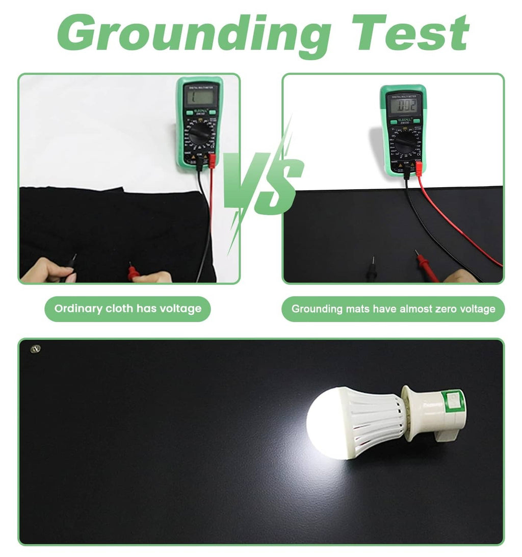 Black grounding mat used for grounding test with connected meter leads