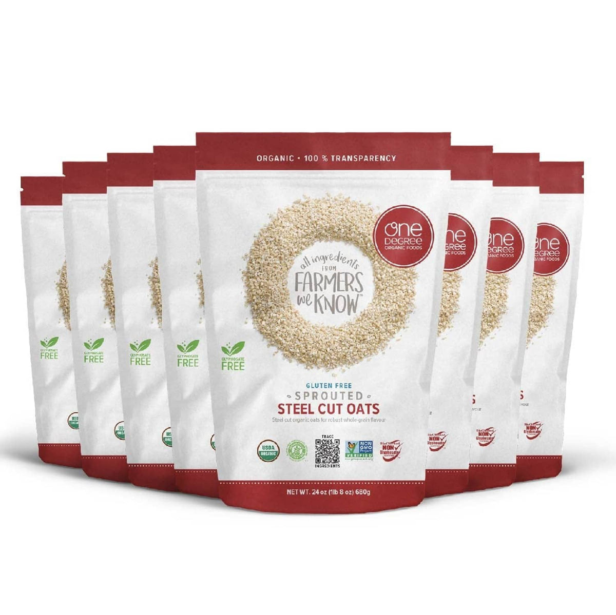 Sprouted steel cut oats pouch set with front labels and beige oat texture graphic