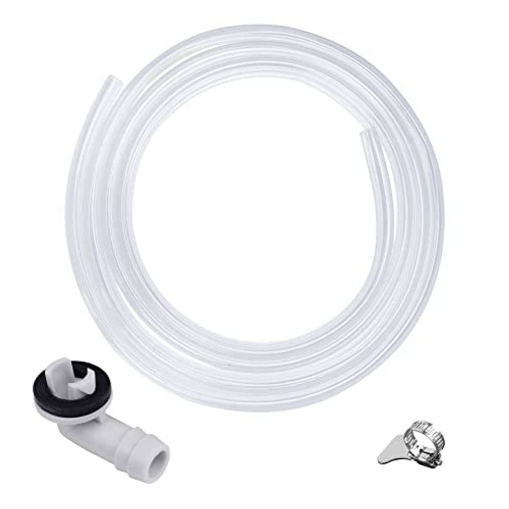 Clear PVC vinyl drain tubing coil with elbow connector and stainless steel clamp