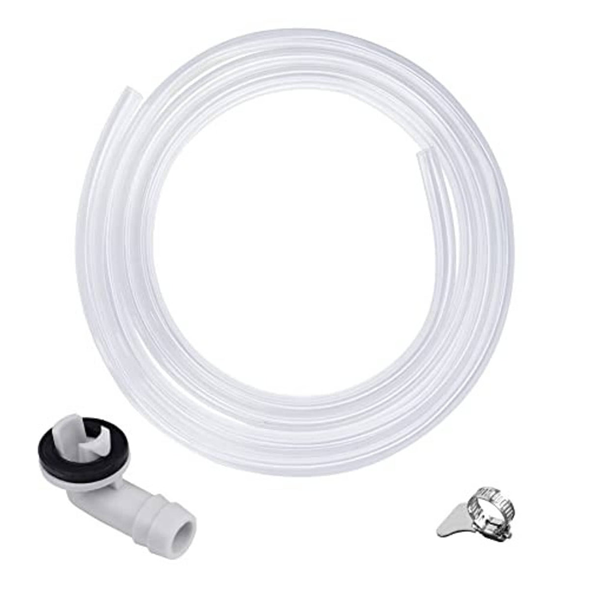 Clear PVC vinyl drain tubing coil with elbow connector and stainless steel clamp