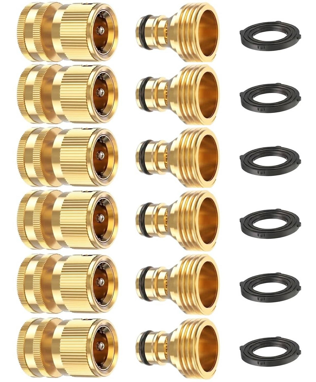 Brass garden hose quick-connect set with multiple couplers and black rubber seals