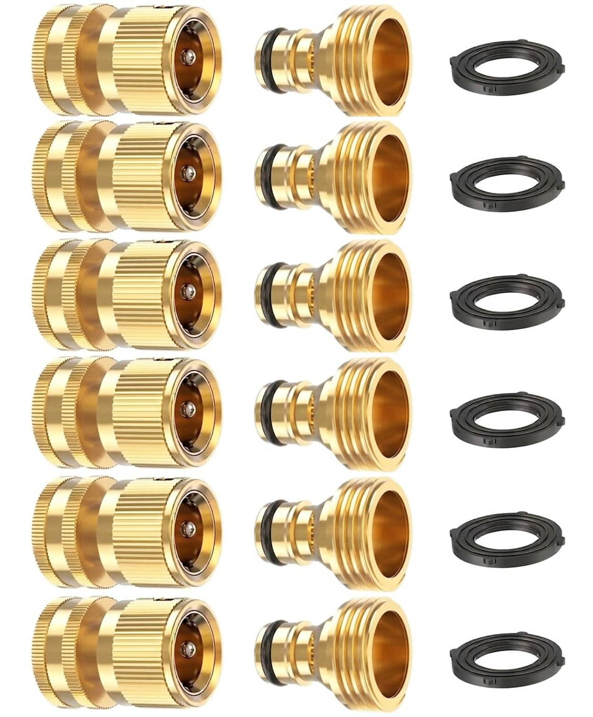 Brass garden hose quick-connect set with multiple couplers and black rubber seals