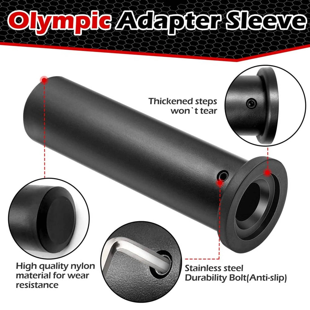 Black Olympic adapter sleeve with thickened end steps and stainless-steel durability bolt.