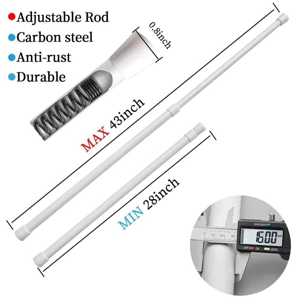 White adjustable tension curtain rod, 28–43 in, 5/8 in carbon steel spring