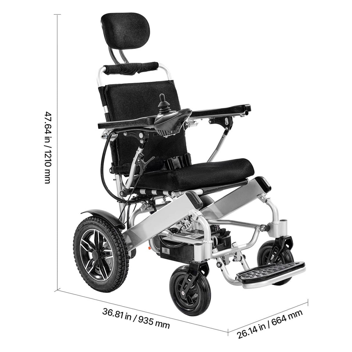 Electric mobility wheelchair with black seat and backrest; silver frame and foot platform.