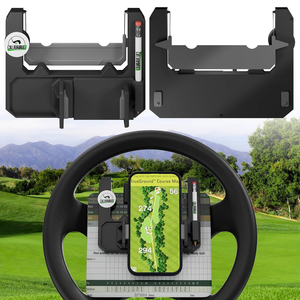 Golf cart steering wheel phone mount with black holder and clamp arms