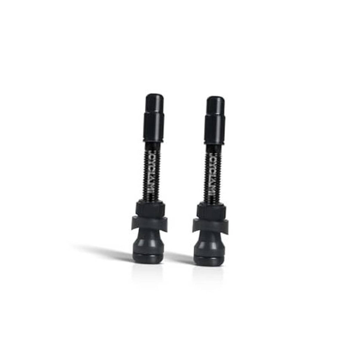 Pair of black Presta tubeless valve stems with dust caps