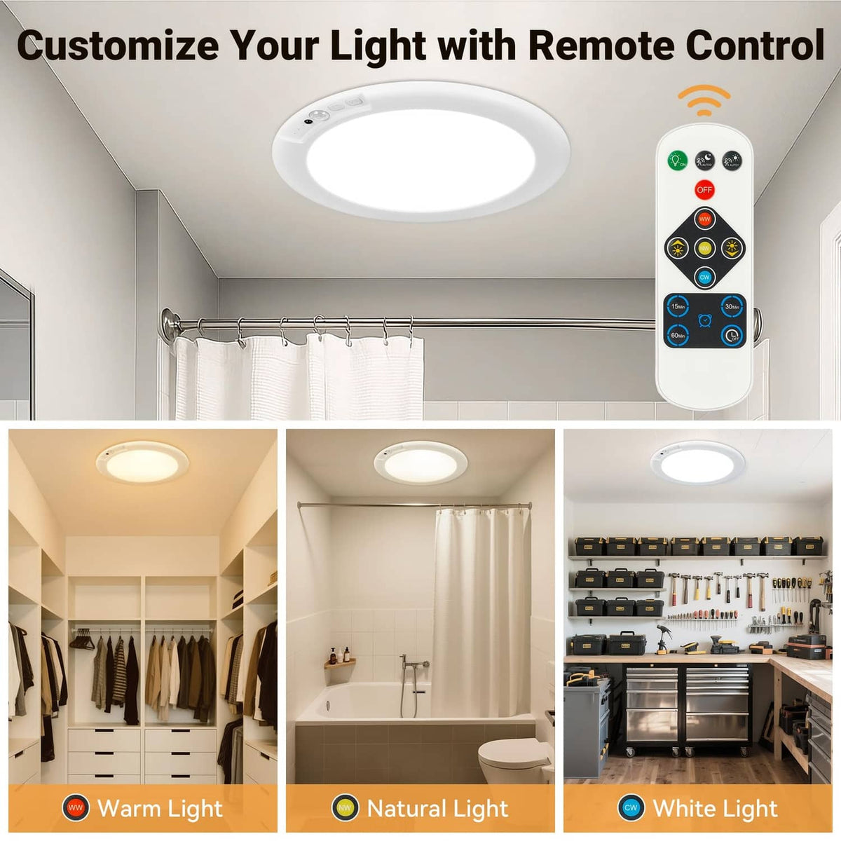 Round LED ceiling light with multi-color remote control for adjustable lighting