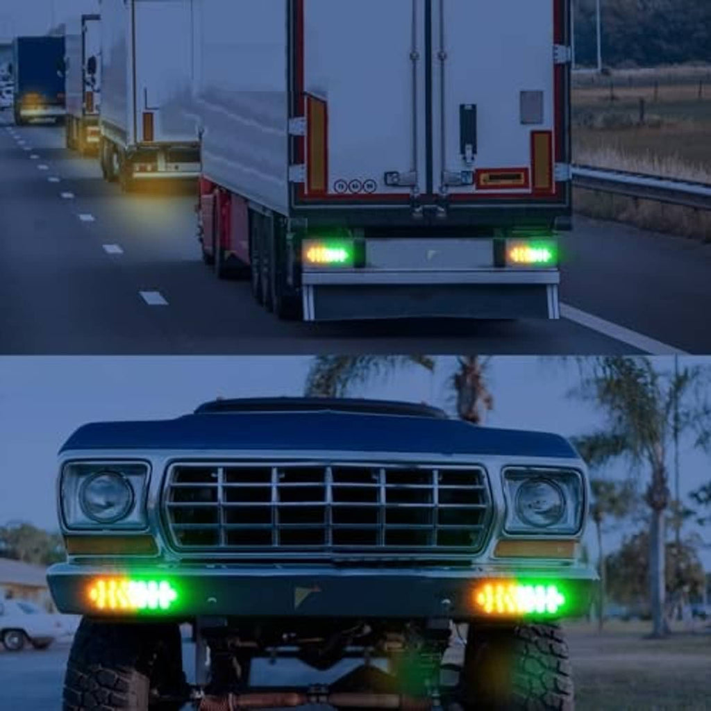 Truck trailer front with oval LED strobe lights on, amber and green LEDs