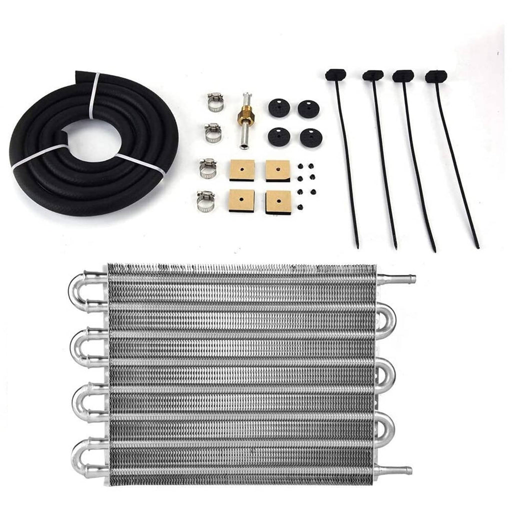 Transmission oil cooler radiator with complete installation hardware set and black hose